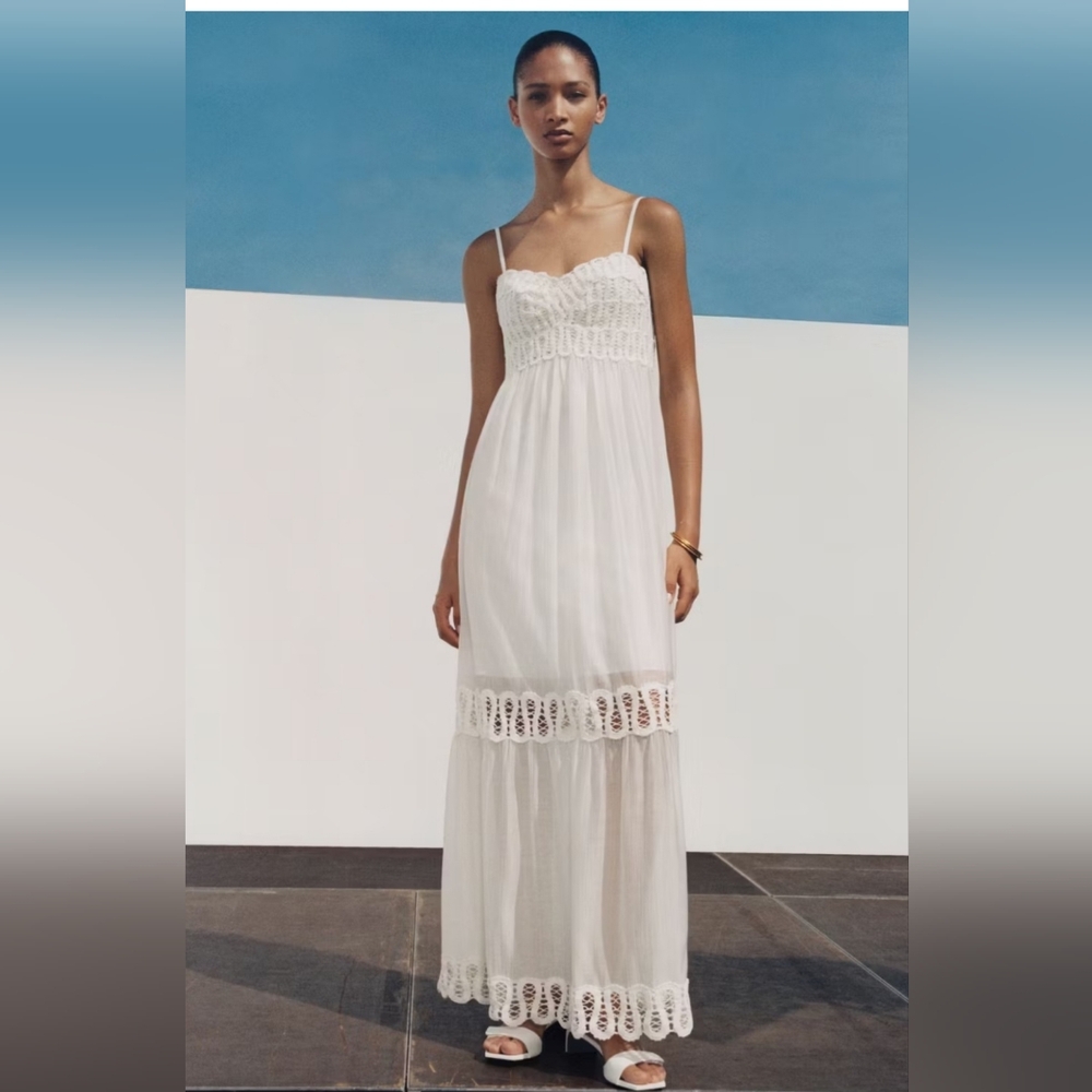 Mango White Lace-Trim Maxi Dress NWT Boho Cottagacore Bridal Graduation